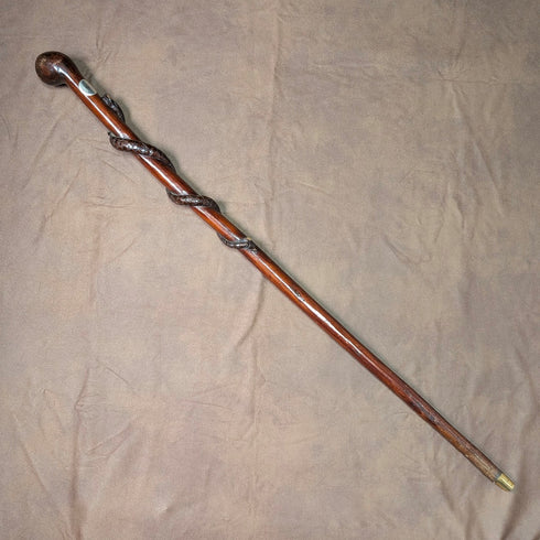 復古蛇裝飾棕色軸旋鈕手杖手杖 90 厘米